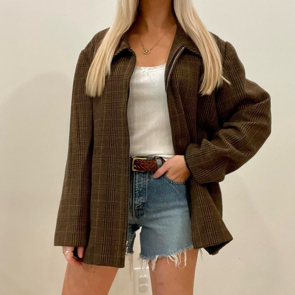Vintage Plaid Zip Up Collared Coat Chore Jacket in Brown